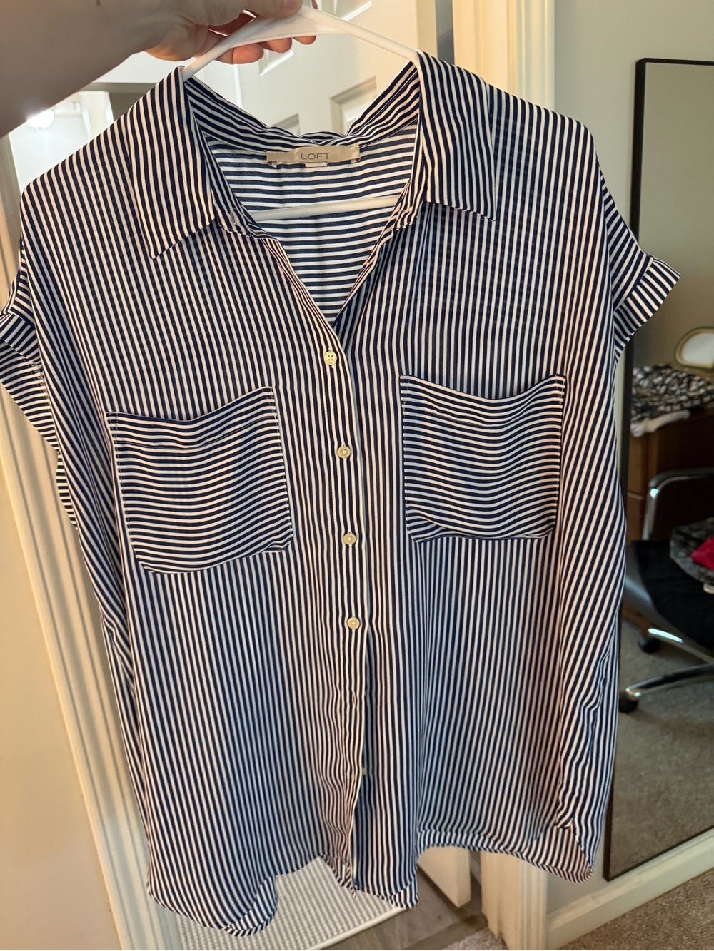 LOFT Navy and White Striped Collared Button-Up Blouse